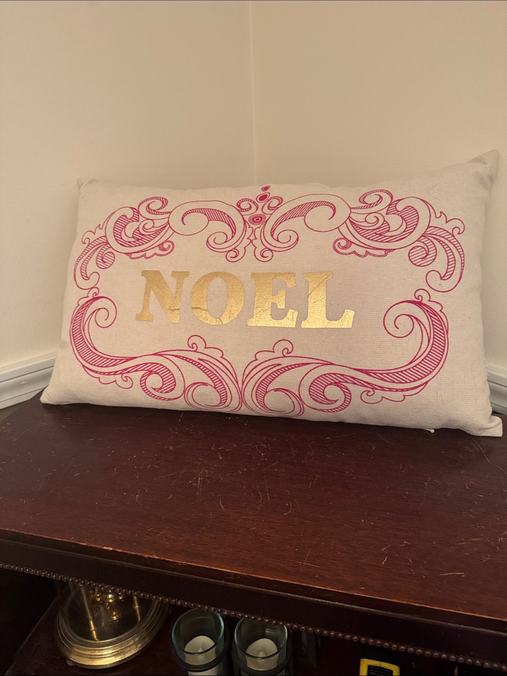 Noel Gold and Pink Decorative Holiday Pillow - Home Holiday